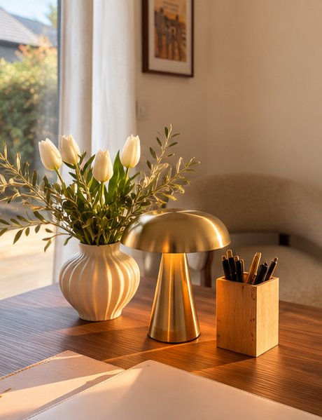 Lampe dorée et bouquet de tulipes sur le bureau